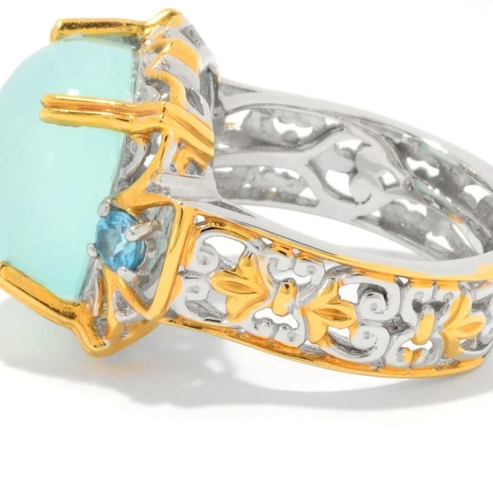 Genuine Gems en Vogue Cushion Chalcedony & Swiss Blue Topaz Ring Sz 8! - Picture 3 of 6